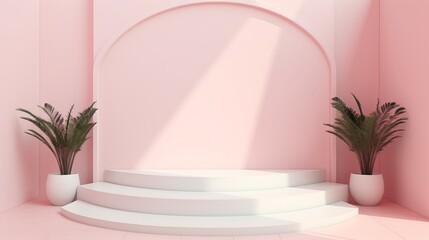 Modern pink 3d podium with ladder, minimalist design for presentation and product display, sunlight, banner