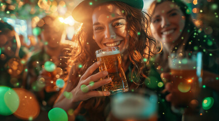 The face beams with joy, framed by the celebrations of Saint Patrick's Day. A broad smile adorns the face. - obrazy, fototapety, plakaty