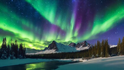 Paysage scandinave avec de belles aurores boréales colorées, spectacle de lumière des aurores boréales dans le ciel - obrazy, fototapety, plakaty