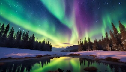 Paysage scandinave avec de belles aurores boréales multicolores, spectacle de lumière des aurores boréales dans le ciel - obrazy, fototapety, plakaty