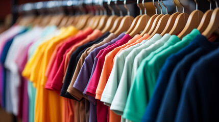 Fototapeta premium A rack of colorful shirts hanged for sale at local market.
