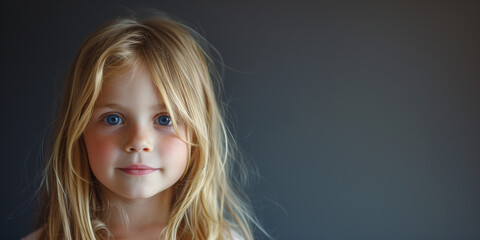 Young girl with bright blue eyes and flowing blonde hair against a dark gradient background