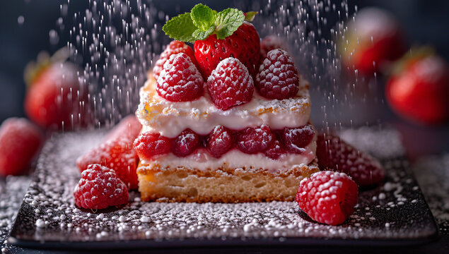 Indulge in a delectable fruit cake adorned with juicy strawberries and tart raspberries, topped with creamy bavarian and marshmallow creme icing for a sweet and elegant dessert fit for any occasion