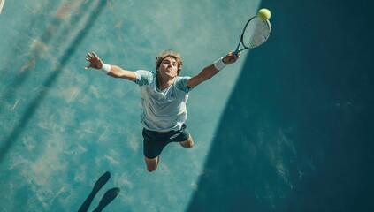 a young man jumping in the air to hit a ball with a racquet - obrazy, fototapety, plakaty
