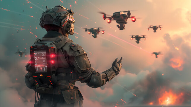Soldier controlling explosive kamikaze drones on a high-tech battlefield. Drone war concept