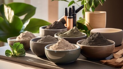 
A spa setting featuring mud masks and natural skincare treatments, focusing on rejuvenation and detoxification
