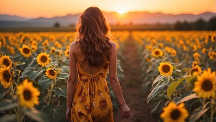 Woman walking in sunflower field at sunset