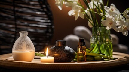 Obraz na płótnie Canvas A spa background with aromatic essential oils, capturing the essence of relaxation and rejuvenation