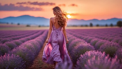 Woman walking in lavender field at sunset in Provence, France