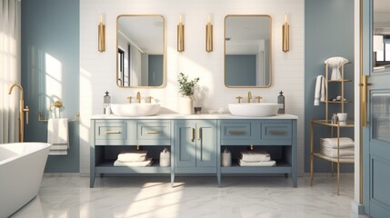 Scenes of a bathroom with a his and hers sink vanity, emphasizing practicality and shared spaces in a stylish design. - obrazy, fototapety, plakaty