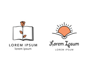 Reading bookmark vector logo. Hand drawn book, flower, sunrise, personal growth icons. Love of reading, romance novel, learning by reading, book lover.