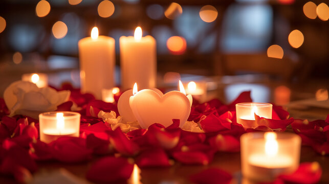A romantic candlelit dinner with heart-shaped candles and rose petals, forming a dynamic and intimate scene suitable for expressing love and affection, with copy space