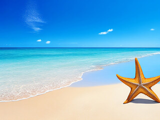 Fototapeta na wymiar Tropical beach with starfish on island. Ocean coast with turquoise water 