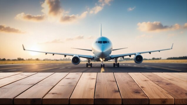 Empty Wooden Table Background Blurred Plane and Runway, Wooden Table