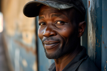 Close-up of a smiling Black dock worker man in a cap taking a break
