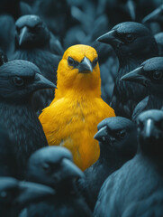 Think and act differently from the crowd. Yellow bird in the middle of the black flock. Subjectivity celebration, right to critical thinking, difference and variation.