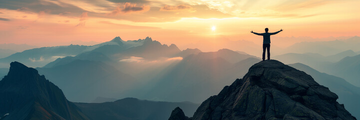 Panorama of young successful man hiker silhouette open arms on mountain peak - obrazy, fototapety, plakaty