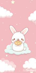 kawai cute little bunny eating food with cloud pink background
