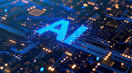Obraz premium AI Concept: Futuristic Word on Blue Circuit Board in Vray Tracing Style