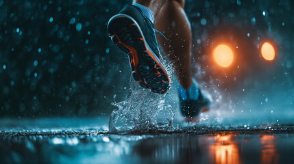 Sports man running on street while raining. AI