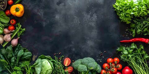 Vibrant Vegetable Assortment on Dark Green and Black Backdrop - 32K UHD Environmental Portrait with Copy Space, Featuring Eco-Friendly Murals and Paleo-Inspired Compositions