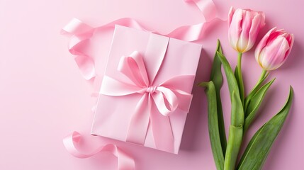 Chic Pink Present with Delicate Tulips: A Flat Lay Composition for Mother's Day or Women's Celebrations