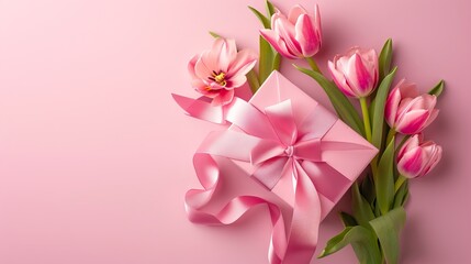 Elegant Pink Gift Box with Satin Ribbon and Fresh Tulips - Mother's Day or Women's Celebration Concept