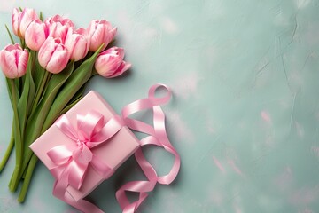 Elegant Pink Gift Box with Ribbon Bow and Tulip Bouquet - Mother's Day Concept on White Background