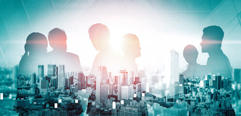 Double exposure image of many business people conference group meeting on city office building in...