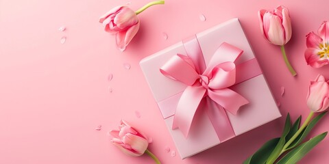 Charming Pink Gift with Elegant Ribbon Bow and Tulips - Perfect for Mother's Day Celebration or Women's Special Day Concept, Top View Image