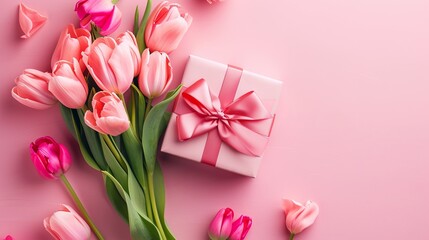 Elegant Pink Gift Box with Ribbon and Tulips - Mother's Day Celebration Concept on White Background