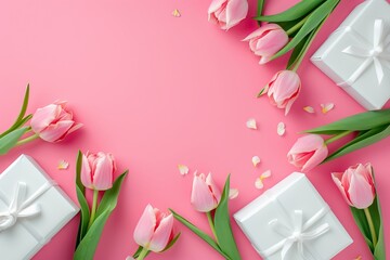 Elegant White Gift Boxes with Tulips on a Pink Background - Chic and Stylish Presentation Concept