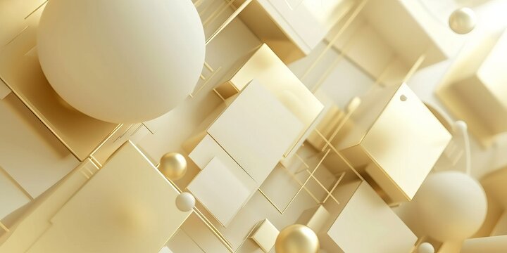 Elegant Golden Sphere and Square Shapes on Light Beige Background - Translucent Cinema4D Rendered Design