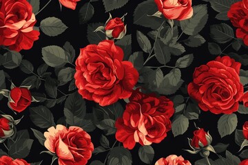 Exquisite Crimson Roses Pattern on Dark Backdrop - High-Definition Floral Wallpaper Design