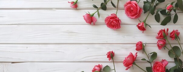 Romantic Rose Flatlay with Open Space on Light Wooden Background - Ideal for Invitations and Announcements