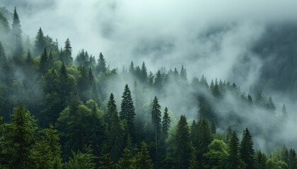 Tranquil Alpine Retreat: Lost in the Foggy Forest of Alpine Trees, Embracing the Mystical Atmosphere of the Mountain Wilderness.