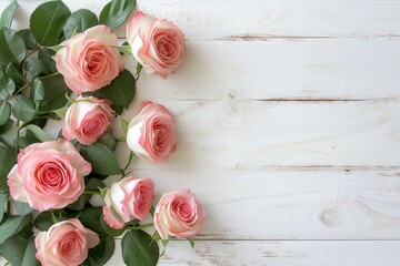 Rose Flatlay on Light Wooden Table with Blank Space for Text or Design Elements