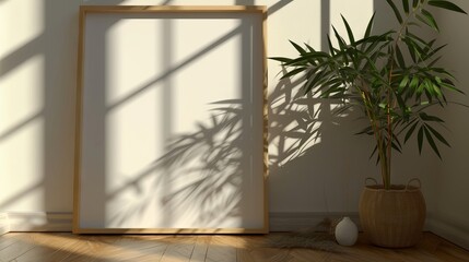 Minimalist Wooden Photo Frame Mockup with Linear Shadow Play