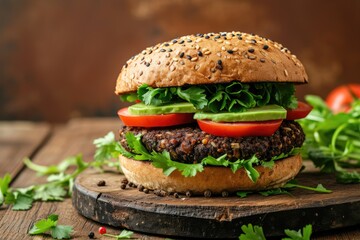 Savor the Flavor: A Plant-Based Black Bean Burger Topped with Creamy Avocado and Fresh Cilantro, Presented on a Rustic Wood Background.	
 - Powered by Adobe