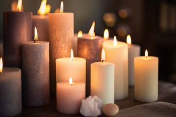 Fototapeta na wymiar Soothing Ambiance: Immerse Yourself in Tranquility with Candles in a Spa, Creating a Harmonious Setting for Relaxation, Massage, and the Renewal of Both Body and Mind.