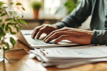 Business Focus: Close-Up Shot of a Man's Hands Swiftly Typing on a Laptop Keyboard, Surrounded by a Tidy Stack of Paperwork, Featuring a Generous Copy Space for Text.




