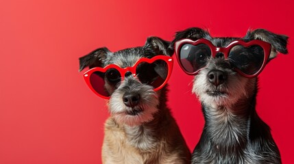 Stylish Canine Duo in Heart Sunglasses: Light Crimson Emotive Collage on Shaped Canvas Captured with Telephoto Lens