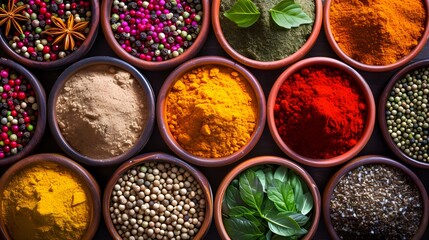 exotic spices arranged in small bowls, representing the diverse flavors and aromas of international cuisine - Powered by Adobe