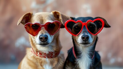 Canine Chic: Dapper Dogs in Heart Sunglasses - A Stylish Emotive Collage on Shaped Canvas in Crimson and Black Tones
