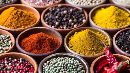 exotic spices arranged in small bowls, representing the diverse flavors and aromas of international cuisine