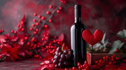 Romantic Valentine's Day Backdrop with Wine, Grapes, and Heart - Saturated Color Field in Dark Brown and Crimson