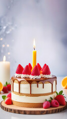 Light color birthday cake with berries vertical copy space candles sparkling greeting card background