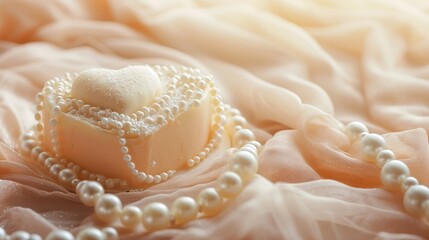 Elegant Valentine's Day Concept: Heart-Shaped Cake with Pearls on a Matte Beige and Orange Textured...