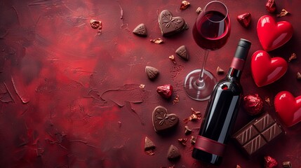 Valentine's Day Indulgence: Vibrant Color Field Backdrop with Wine, Chocolate Treats, and Romantic Heart - Festive Texture-Rich Canvas Shot with a 35mm F/1.4 Lens