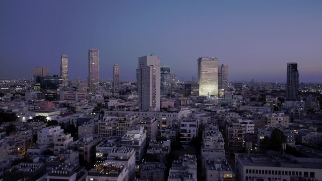 Aerial footage of central Tel Aviv at night, in the background Shalom Meir Tower and south Tel Aviv.